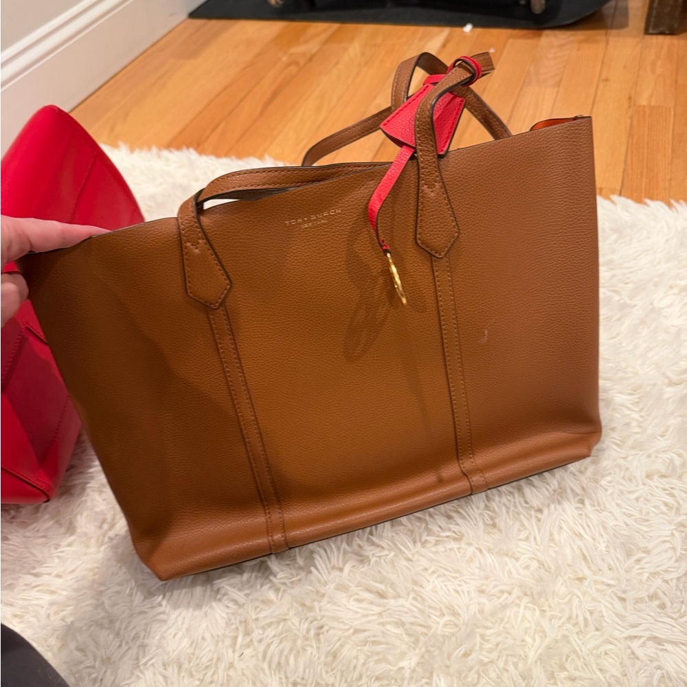 Tory Burch Tan Leather Tote with Red Accents